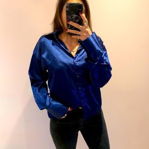 Blue shiny size large collared long sleeve button down shirt by Black Fashion
